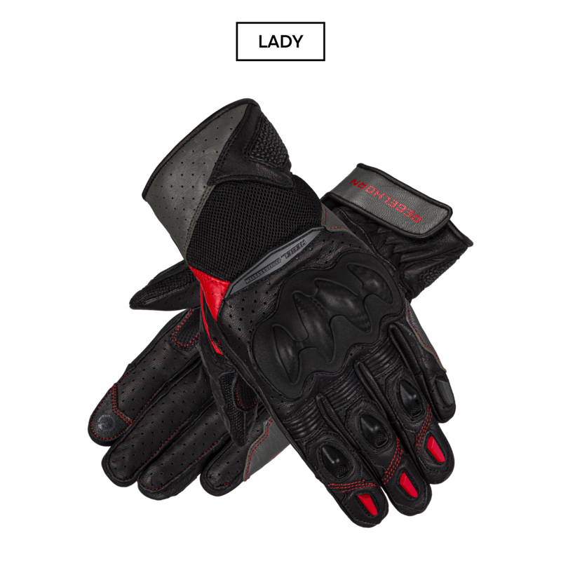 RĘKAWICE SKÓRZANE REBELHORN FLUX II LADY BLACK/GREY/FLO RED